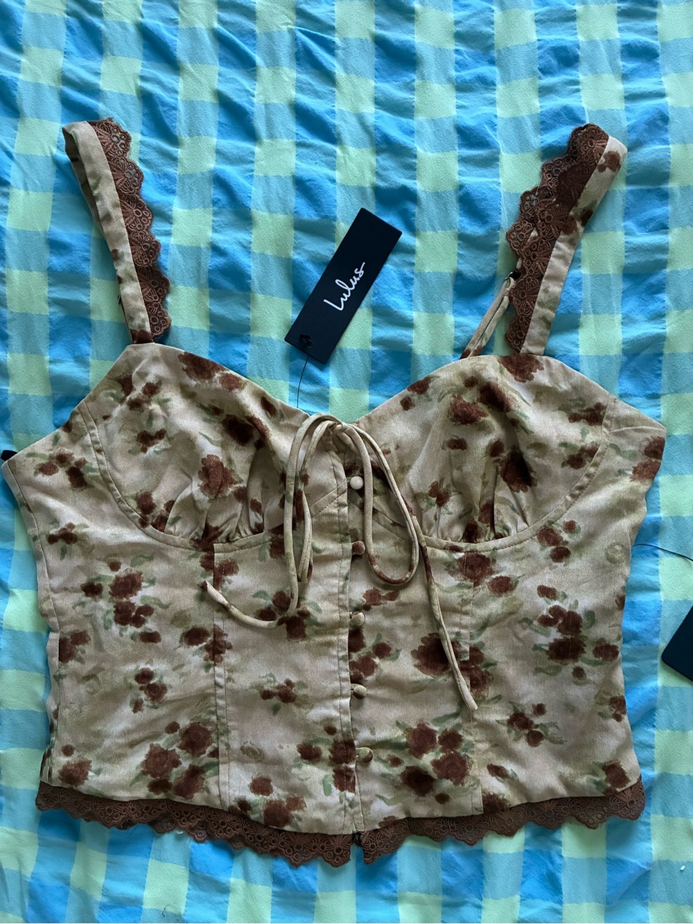 Lulu's sage green brown Floral Lace-Trim Cropped Bustier tank Top
